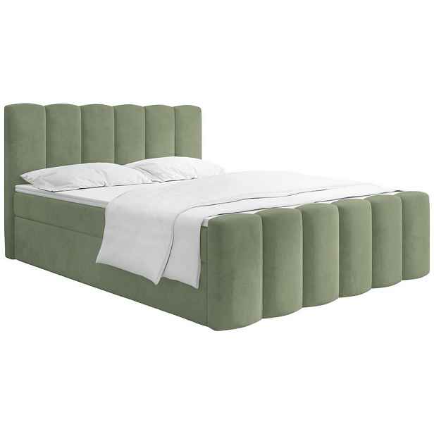WFL GROUP BOXSPRING POSTEL Serenity s Úložným Prostorem pod Postelí – Šalvějově zelený samet – 140x200 cm – Taštičková Matrace H4 a Pěnový Topper