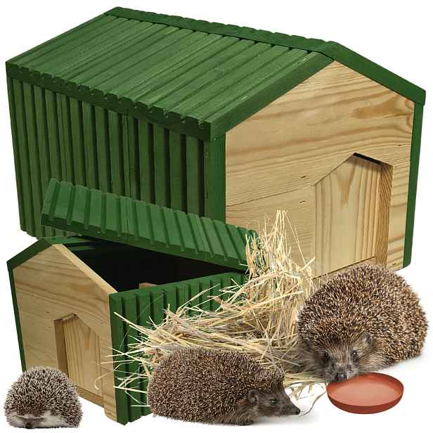 Domeček pro ježka Eko impregnovaný 25x36x27 cm se senem a miskou, pelíšek