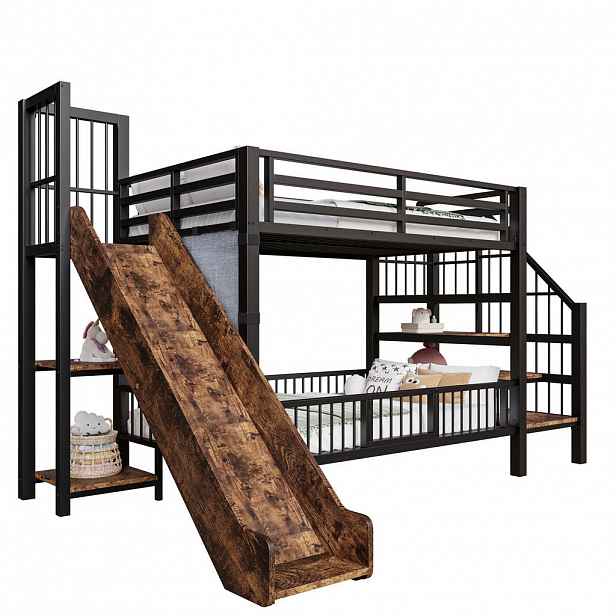 STILVORA HOCHBETT 90/200 cm in Schwarz Kinderbett mit Rutsche, Stauraumtreppe und Regal