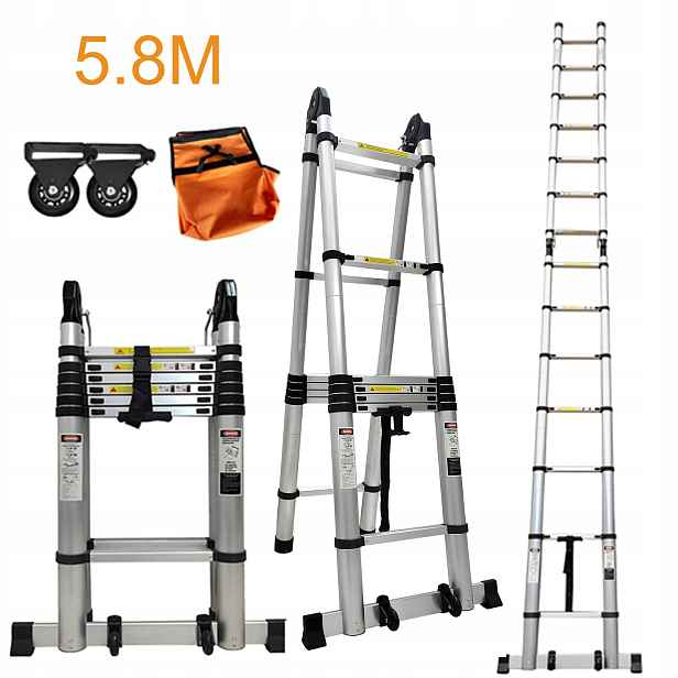 Výsuvný Žebřík Hliníkový 5,8M S Koly Skládací Přístupový 150KG Lehký