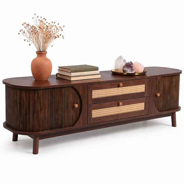 STILVORA TV STOLEK v přírodním dekoru s dvířky, zásuvkami, úložným prostorem a ratanovými boky, 170×39,5×46 cm