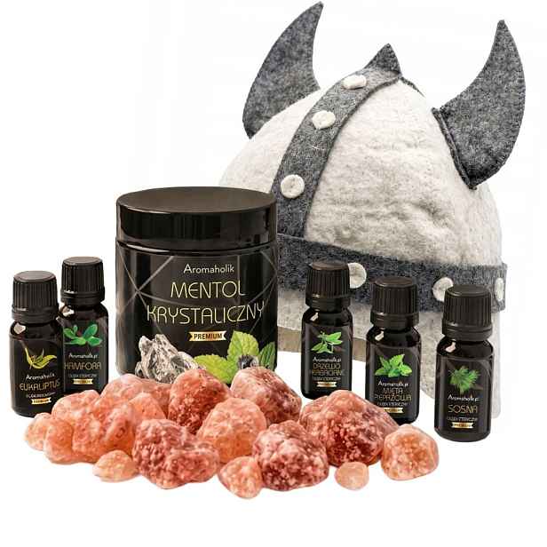 Saunový Set: Solný křehký 5 kg 5 olejů apod. Mentol Vikingská čepice