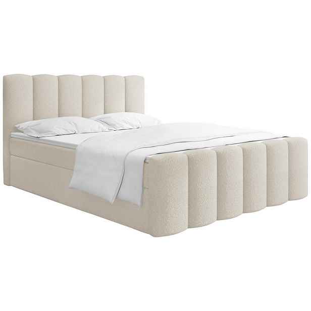WFL GROUP BOXSPRING Postel Serenity s Úložným Prostorem – Krémová Bouclé – 200x200 cm – Taštičková Matrace H4 a Pěnový Topper
