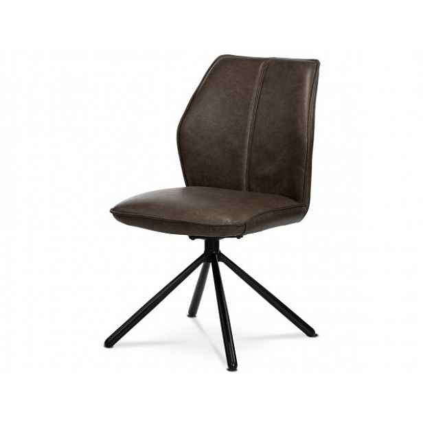 Jídelní židle, hnědá látka v dekoru vintage kůže, kov - černý lak, zpětný mech.