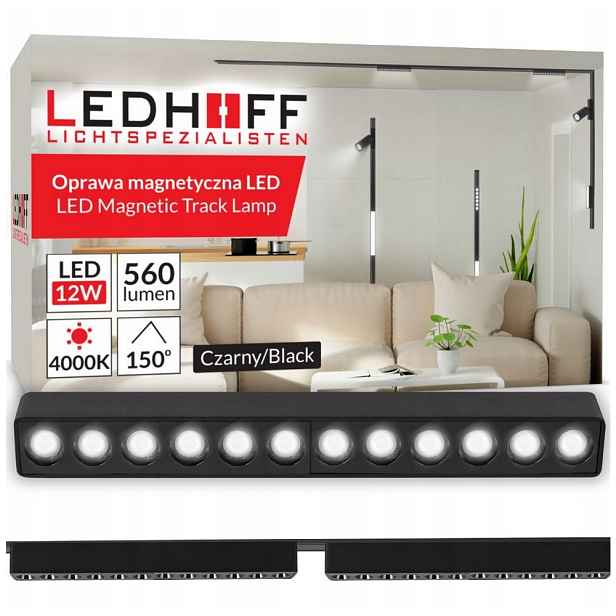 Magnetické kolejnicové osvětlení Kolejnice 1m 2x Led lampa 12W Černá