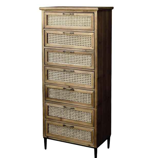 Hnědá antik dřevěná komoda se šuplíky a výpletem French wicker - 54*32*125cm Chic Antique