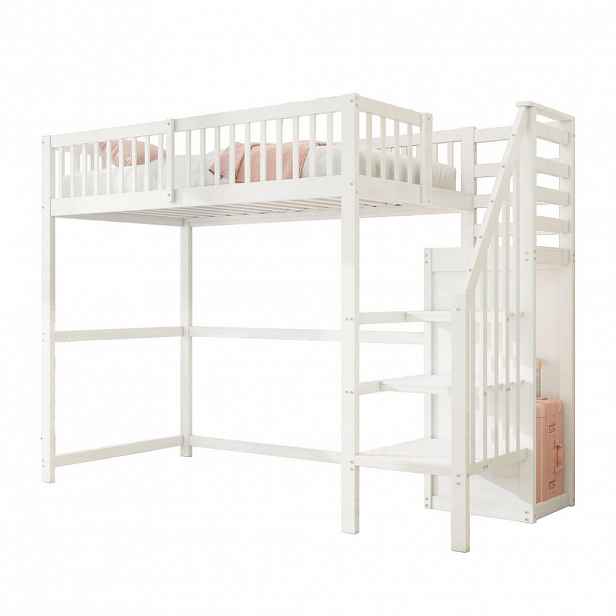 STILVORA HOCHBETT 90/200 cm in Weiß Kinderbett mit Sicherheitsleiter und Kleiderschrank aus Holz