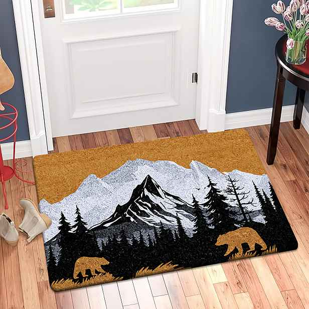TEMU [Produkt] [Fleece a 1 cm silný houbový materiál] Zábavná rohožka | Koberec s potiskem sněhové hory, lesa a medvěda, vhodný do ložnice, kuchyně,