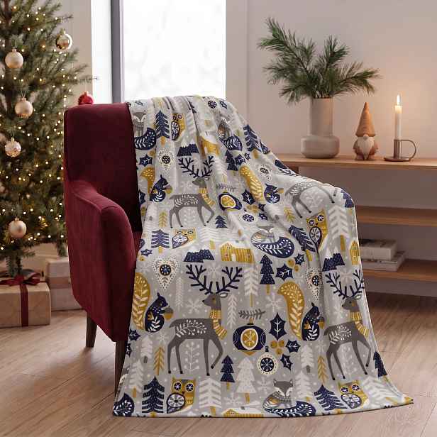 Dětská vánoční deka z mikrovlákna FESTIVE PETS šedá 130x170 cm