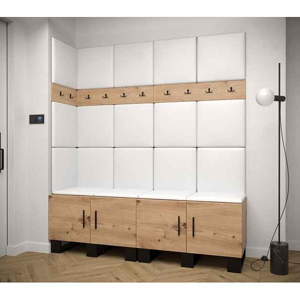 Předsíňová sestava RUMIE 12 - dub artisan, bílé panely z ekokůže