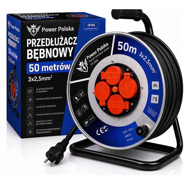 Prodlužovací Kabel 50M 3×2,5mm² Stavební Na Bubnu Lišta 4 Zásuvky IP44