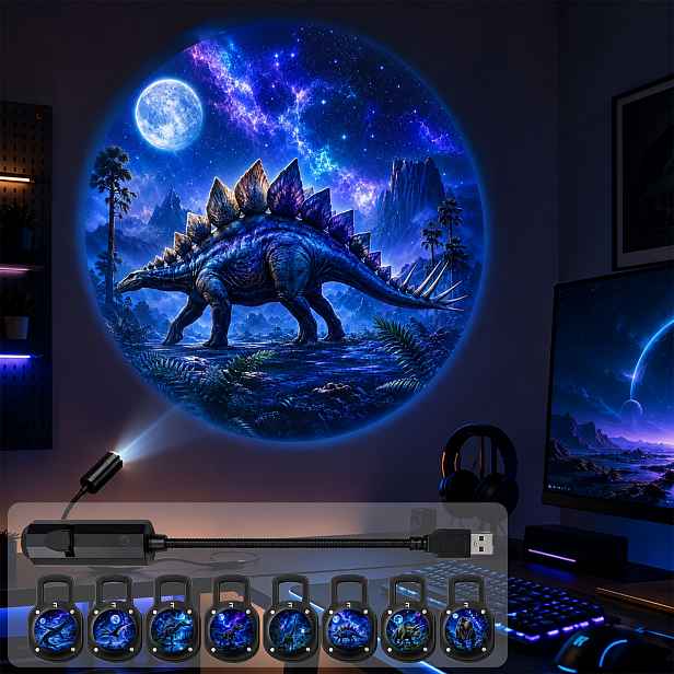 TEMU Projektor nočního světla s dinosaury, USB napájená 360° otočná HD hvězdná projekční lampa, LED noční atmosférická lampa s filmy , Triceratops, ,