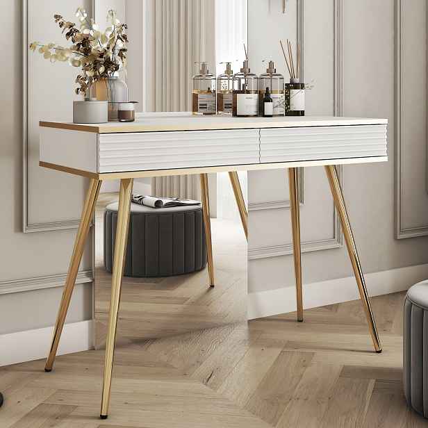 Komodee Elegantní Toaletní Stolek Banff T102 Mdf Bílý Zlaté Nohy Zdobení