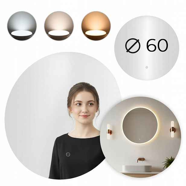 Zrcadlo koupelnové Led kulaté nástěnné 60 cm 3 barvy dotykový vypínač Moder