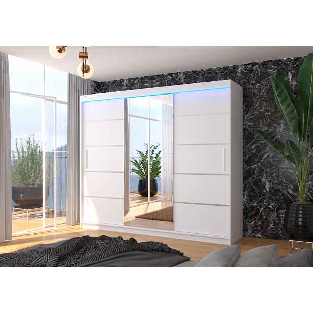 Velká skříň se zrcadlem 250 cm a LED osvětlením DAMRIS - bílá