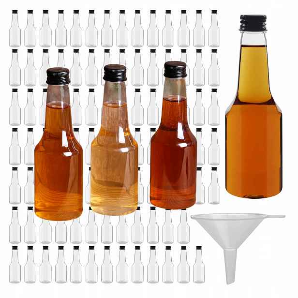 Mini plastové lahve na alkohol 100 ml, sada 96 hermetických, s nálevkou