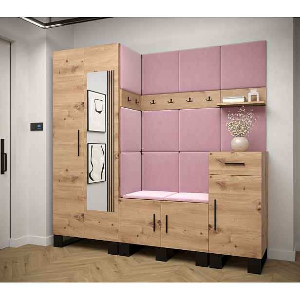 Předsíňová sestava RUMIE 13 - dub artisan, růžové panely