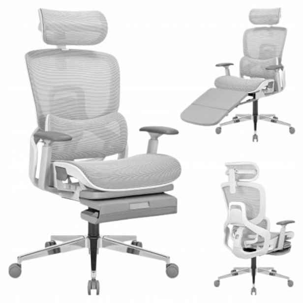 Ergonomické kancelářské křeslo Mark Adler šedé, otočné, s podnožkou, nastavitelné