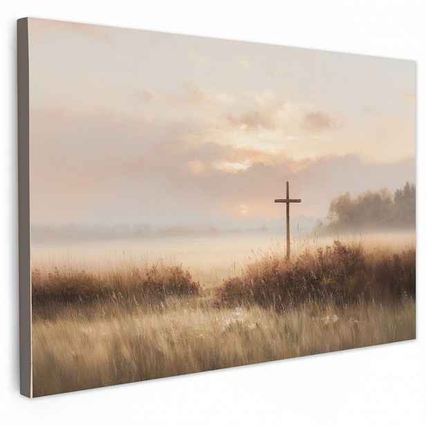 MuchoWow OBRAZ NA PLÁTNĚ Tráva - Ranní mlha - Kříž - Křesťanství 30x20 cm