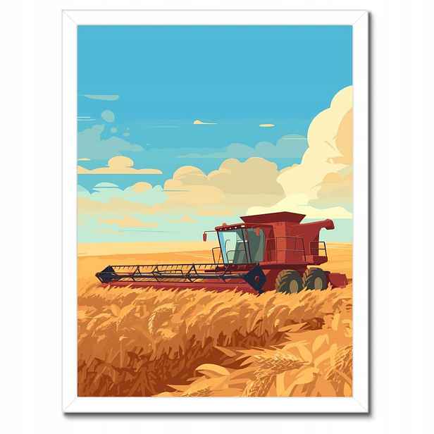 Plakáty v rámu 30x40 Červený kombajn v poli na sklizni