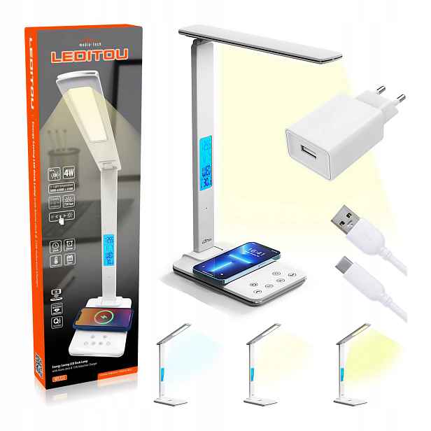 Led stolní lampa Media-Tech Leditou MT222 s bezdrátovou nabíječkou Qi a budíkem