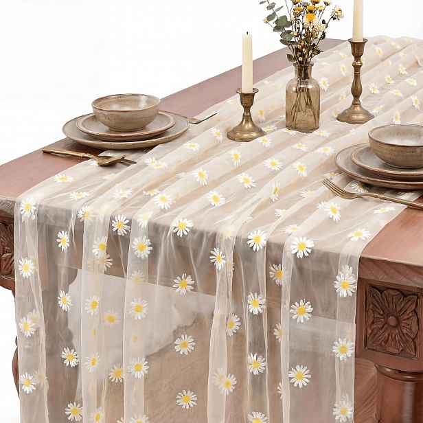 TEMU 1 balení 78,7palcový průsvitný gázový běhoun s kopretinami a béžovým tylem - Vhodný pro svatby, baby shower, narozeniny, dekoraci kuchyňské