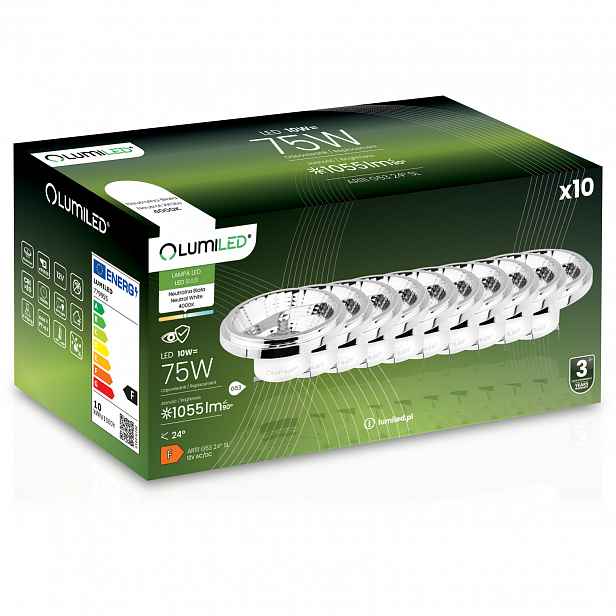 10x Led žárovka G53 AR111 10W 75W 1055lm 4000K 24° 12V Stříbrná Lumiled