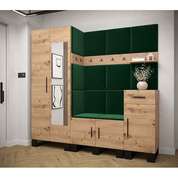 Předsíňová sestava RUMIE 13 - dub artisan, zelené panely