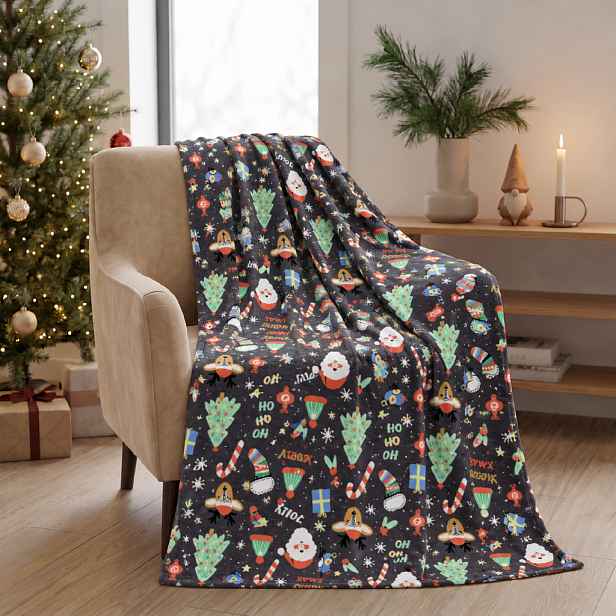 Vánoční deka z mikrovlákna JINGLE SANTA šedá 150x200 cm
