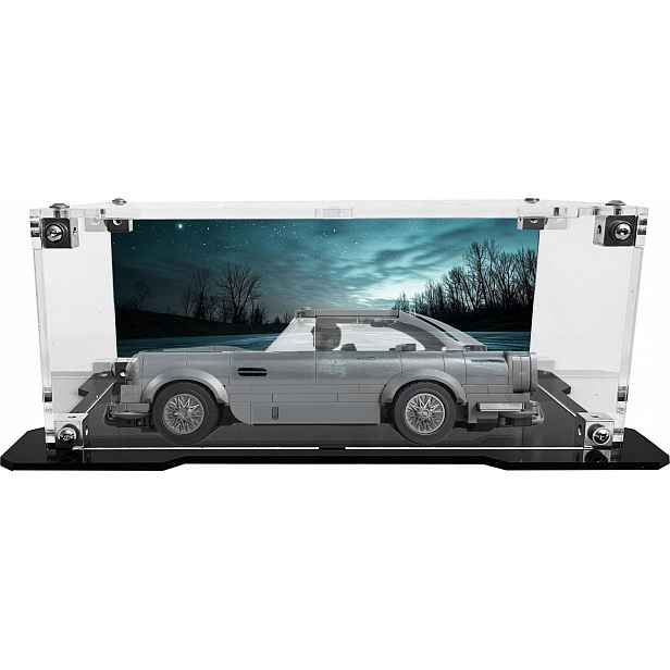 Vitrína s černou základnou a pozadím pro sadu Lego 76911 Aston Martin DB5
