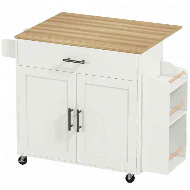 HOMCOM KUCHYŇSKÝ OSTROV Kuchyňský vozík na kolečkách se sklopnou pracovní deskou a odkládací plochou, bílý
