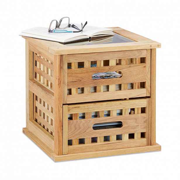 Relaxdays STOLEK ořech dřevo skleněná deska 2 zásuvky 34 cm