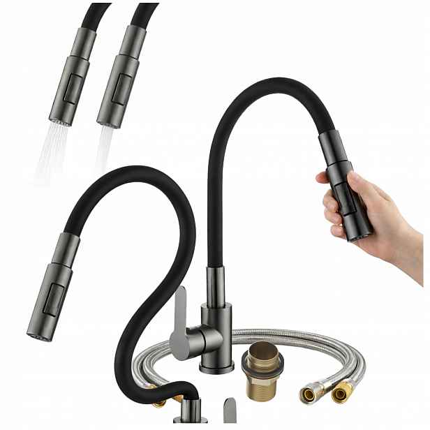 Kuchyňská baterie Flexibilní ohebná výlevka Gun kov Kohoutek do dřezu Reno