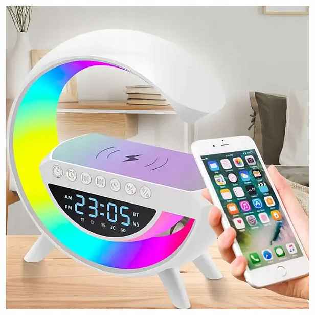 Noční Lampa Stolní 6V1 Hodiny Budík Rádio Nabíječka Reproduktor XL