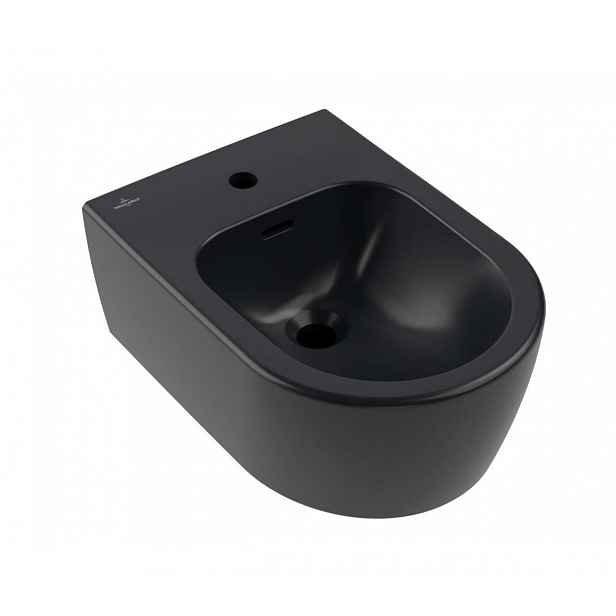 Villeroy & Boch Skyla - Závěsný bidet 530x370 mm, s přepadem, otvor pro baterii, CeramicPlus, Pure Black 448200R7
