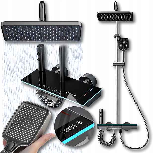 Sprchový Set Sprchový Sloup S Baterií Termostat Dešťová Sprcha 4v1