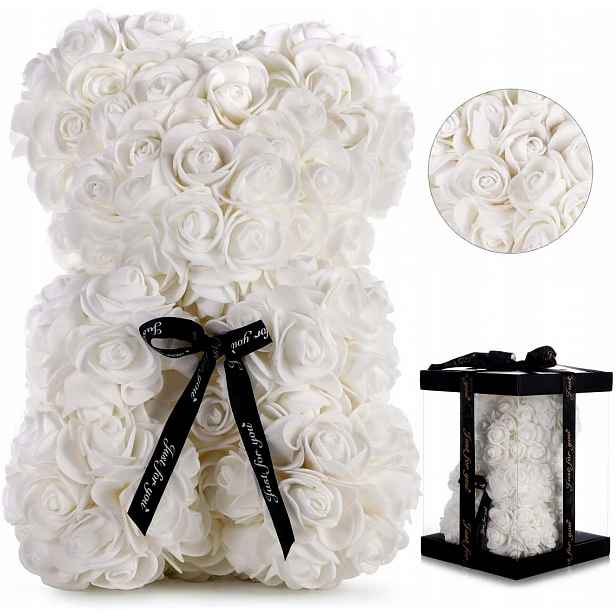 Bílý medvídek z růží 25 cm Krabička Dárek Pro Dívku A Valentýna