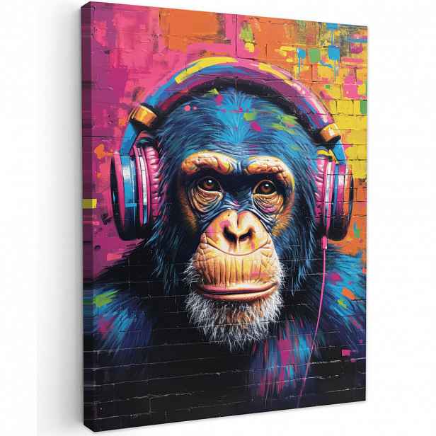 MuchoWow OBRAZ NA PLÁTNĚ Graffiti - Šimpanz - Street art - Sluchátka - Opice 30x40 cm