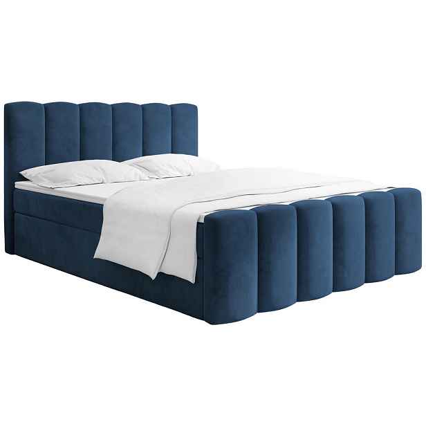 WFL GROUP BOXSPRING POSTEL Serenity s Úložným Prostorem pod Postelí – Tmavě modrý samet – 120x200 cm – Taštičková Matrace H4 a Pěnový Topper