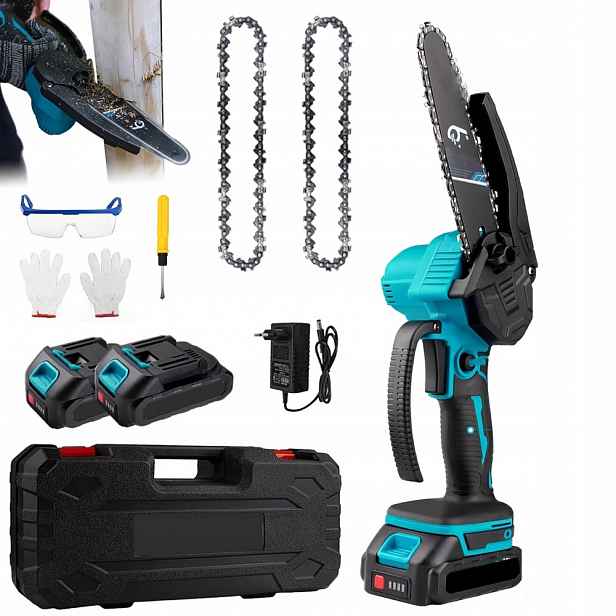 Akumulátorová Řetězová Pila Mini 6" Na DŘEVO+2AKU Kufr Sada