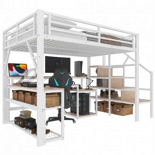 STILVORA HOCHBETT 140/200 cm in Weiß mit Stauraum, Regal, LED und USB Metallbett