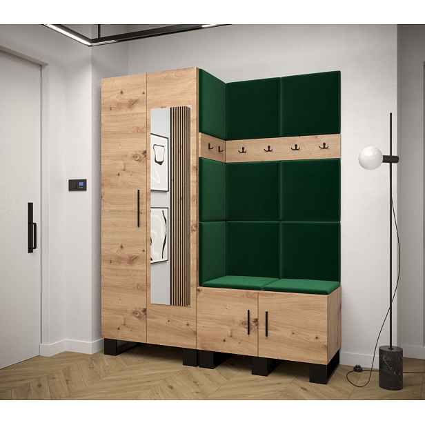 Předsíňová sestava RUMIE 14 - dub artisan, zelené panely