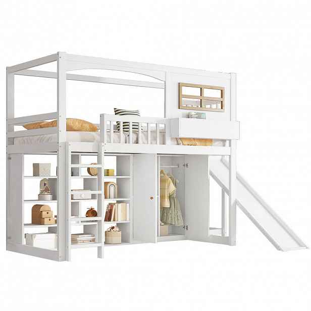 STILVORA ETAGENBETT 90/200 cm in Weiß & Natur Kinderbett mit Rutsche, Regal und Kleiderschrank