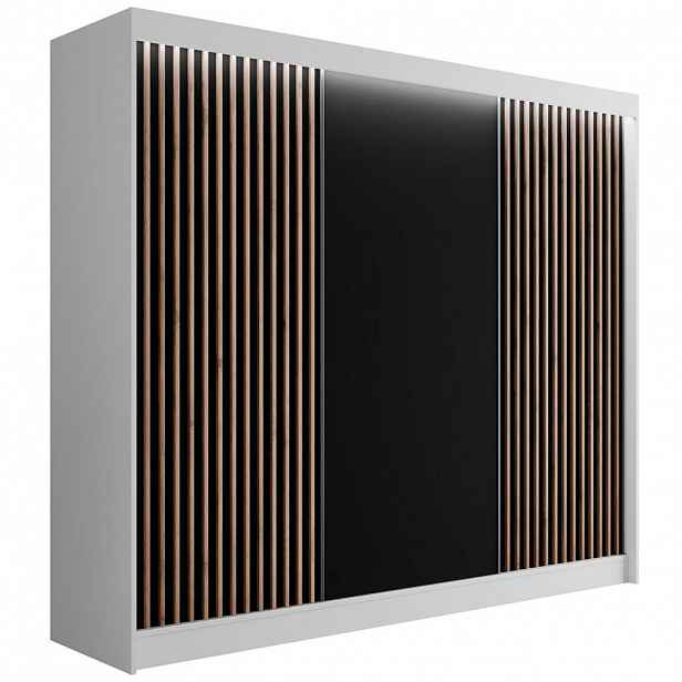 ALTDECOR ŠATNÍ SKŘÍŇ s LED, lamelové posuvné dveře VILANv2 – 250 cm bílá + lamely dub wotan