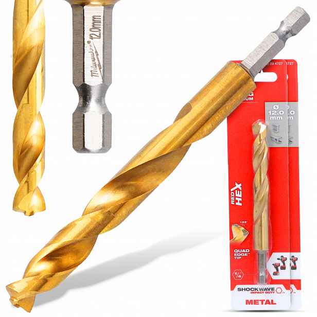 2x Kovové Vrtáky 12 mm Milwaukee Hss-g Titanové úderové Hex z oceli na dřevo