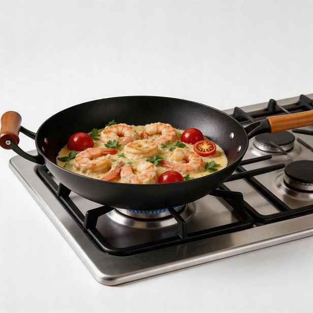 Wok pánev 34 cm Hluboká rukojeť Dřevěná indukce