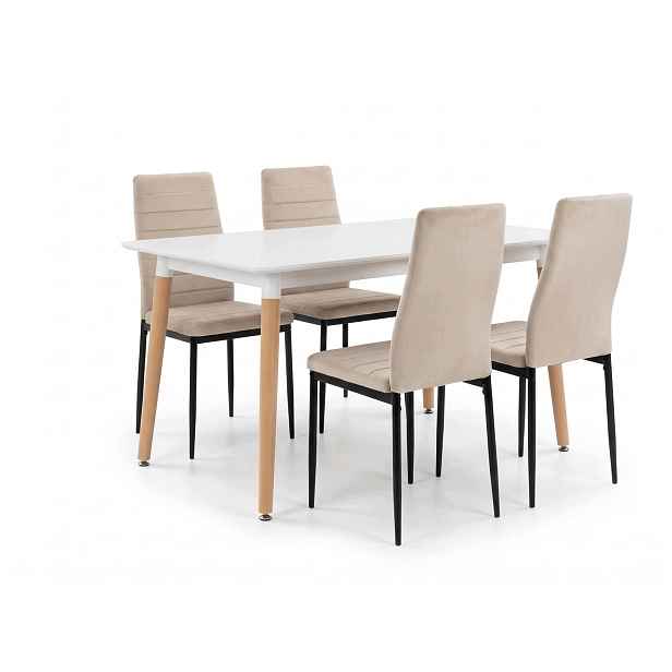 Jídelní set 120x80 cm, bílý stůl s bukovými nohami 4 béžové sametové židle Axell