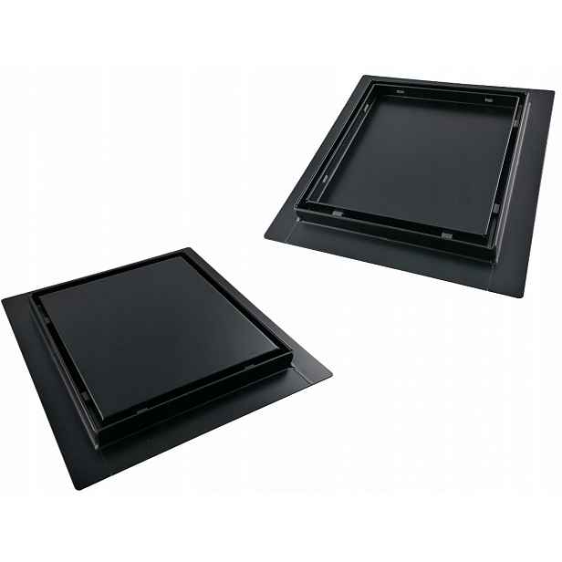 Čtvercový sprchový odtok 20 x 20 cm, nízká zabudovanost 52 mm, 2v1, černý mat