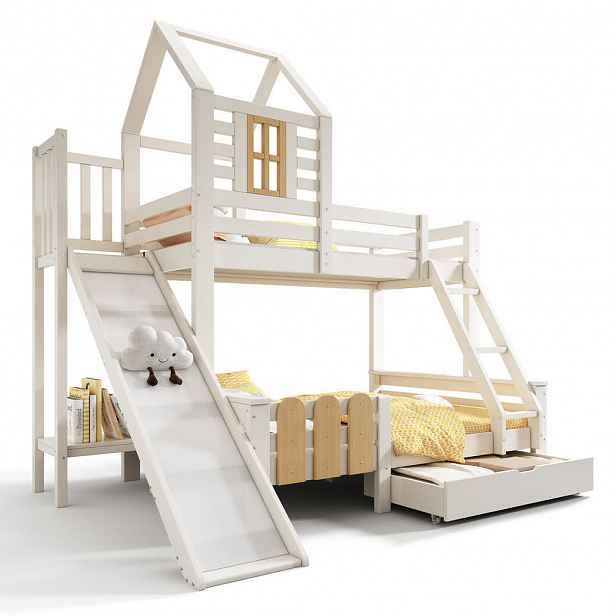 STILVORA ETAGENBETT 90/200 cm & 140/200 cm in Weiß & Natur mit Schublade, Rutsche und Leiter Blockhaus-Design