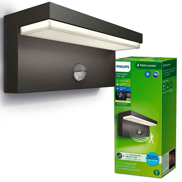 Led zahradní lampa Fasádní nástěnné svítidlo 3,8W Snímač pohybu Antracit Philips